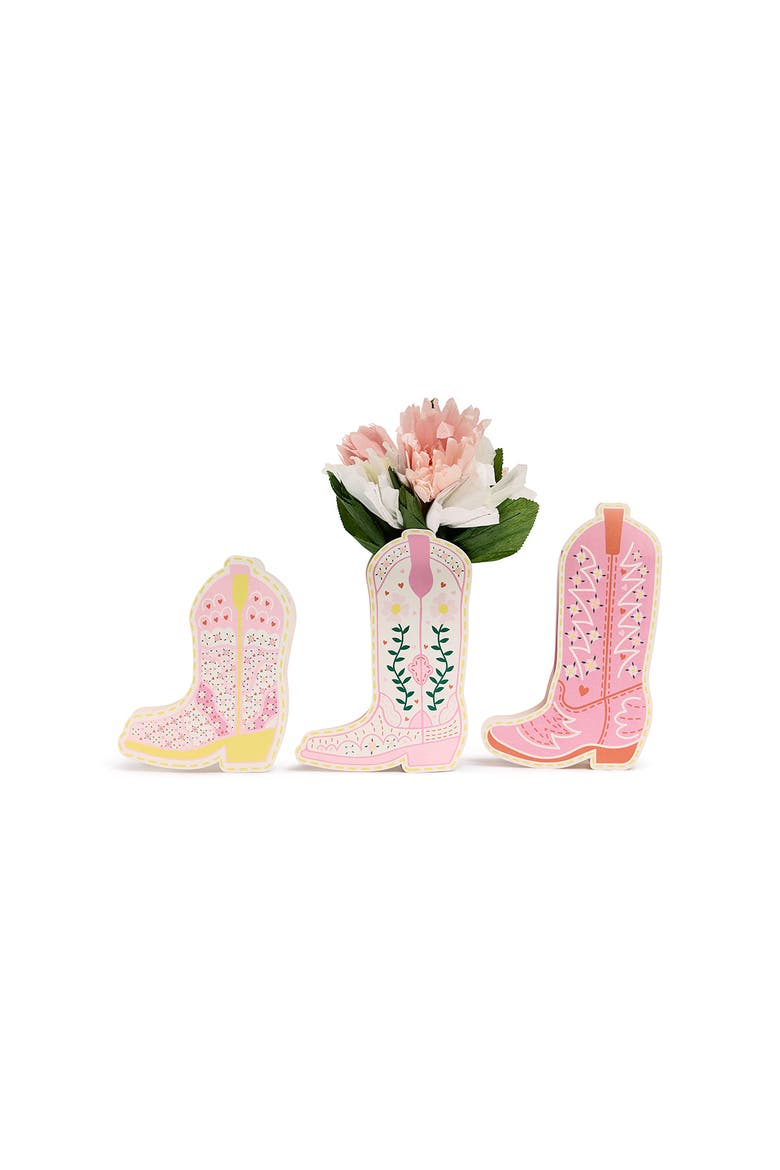 Boot Scoot Blooms Cowboy Boot Pop-Up Vase Slip Covers Set of 3 - Multi-Size Pink Boot-Shaped Die-Cut Paper Vase Sleeves for Western Tables, Main, color, Pink
