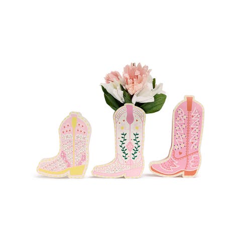 Boot Scoot Blooms Cowboy Boot Pop-Up Vase Slip Covers Set of 3 - Multi-Size Pink Boot-Shaped Die-Cut Paper Vase Sleeves for Western Tables