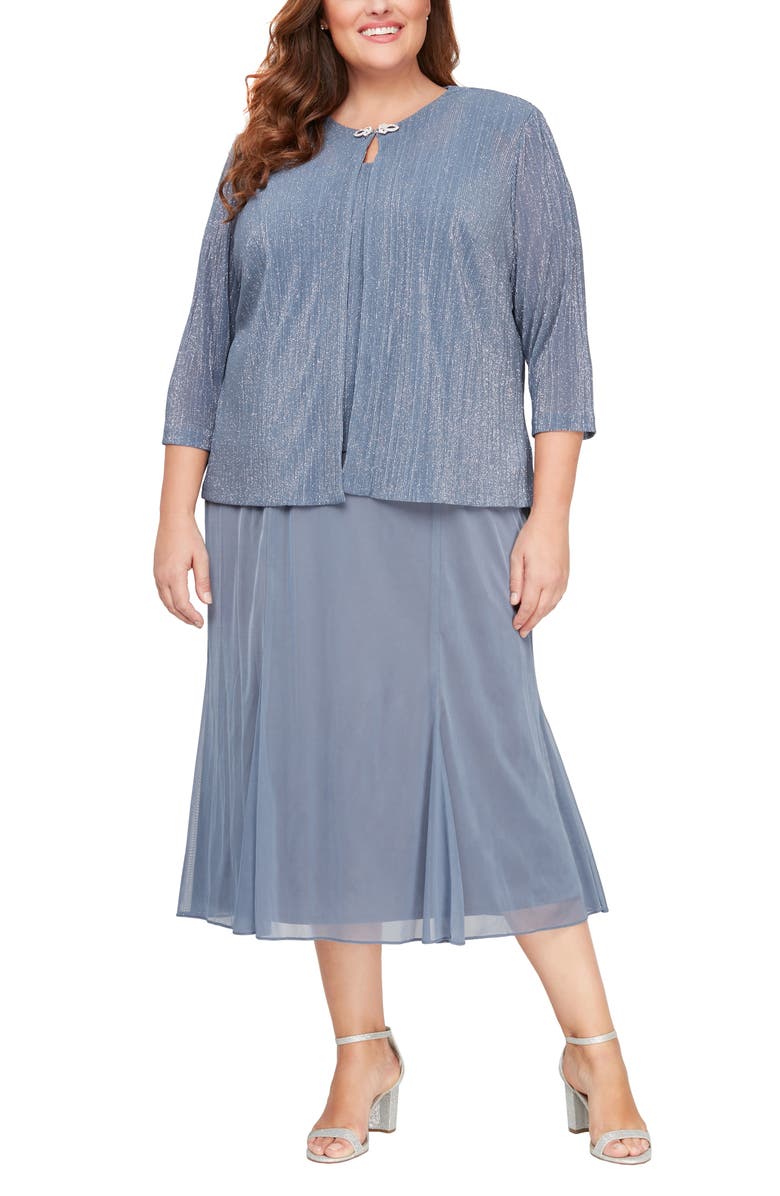 Alex Evenings Glitter Pleated Two-Piece Midi Dress with Jacket, Main, color, 