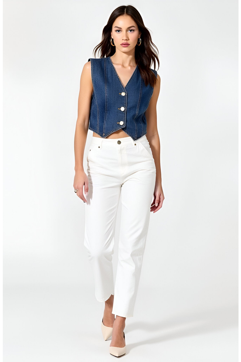 Angled Hem V-Neck Denim Vest, Alternate, color, Blue