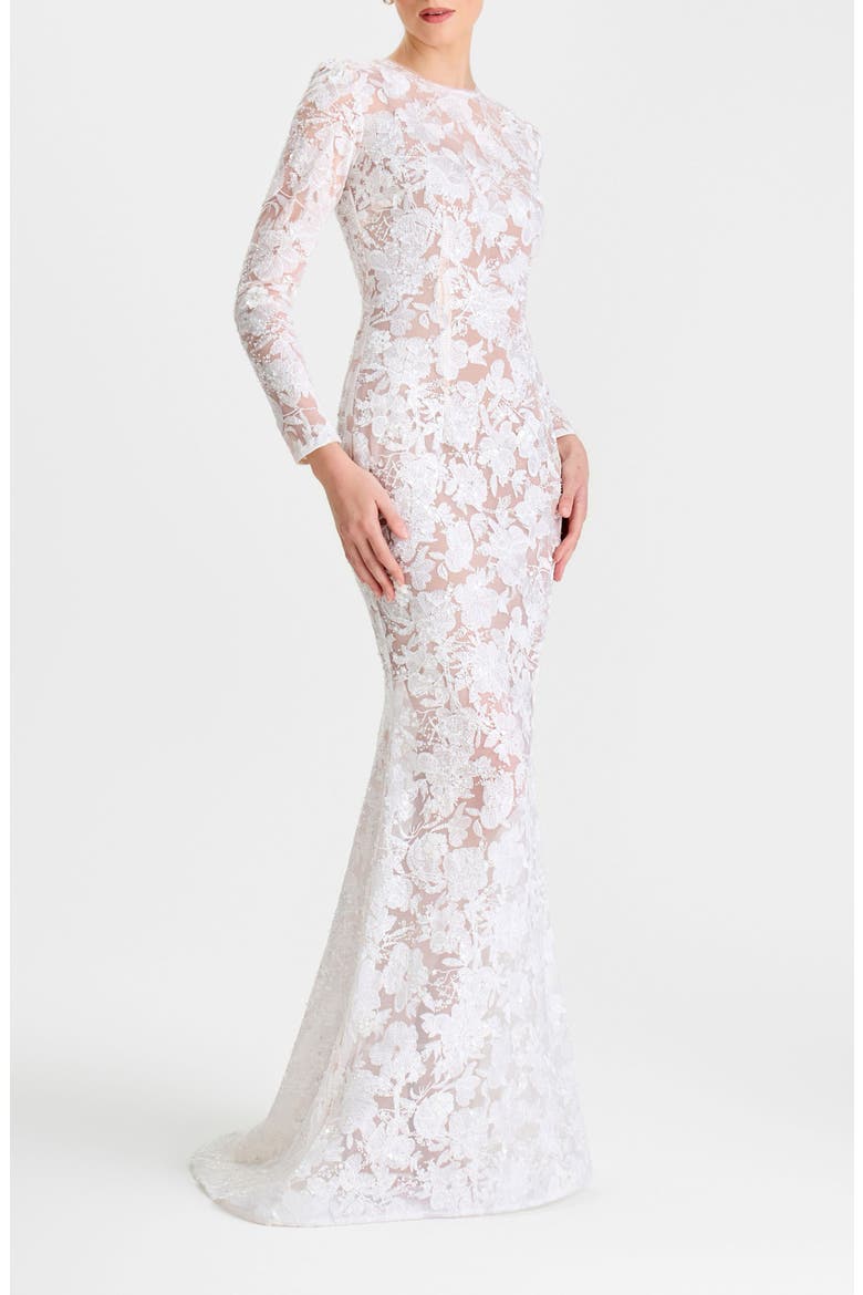 Sasha Embroidered Sequin Sheer Mesh Gown, Alternate, color, WHITE