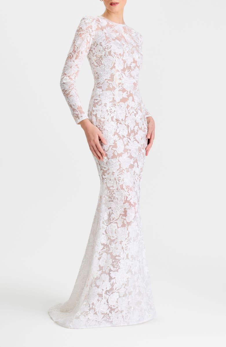 NADINE MERABI Sasha Embroidered Sequin Sheer Mesh Gown, Alternate, color, White