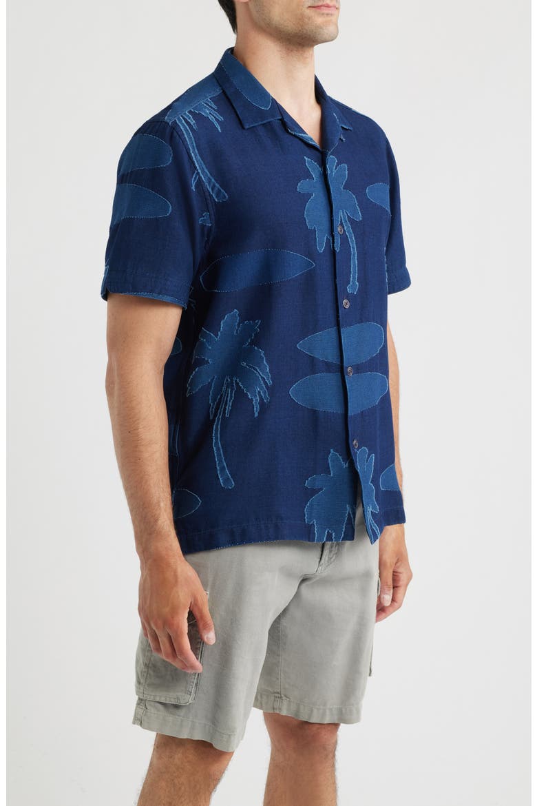 Destination Indigo Palm Tree Print Cotton Jacquard Camp Shirt, Alternate, color, DARK INDIGO