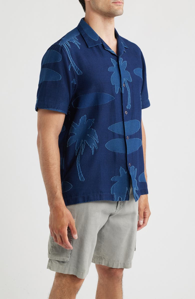 Tommy Bahama Destination Indigo Palm Tree Print Cotton Jacquard Camp Shirt, Alternate, color, Dark Indigo