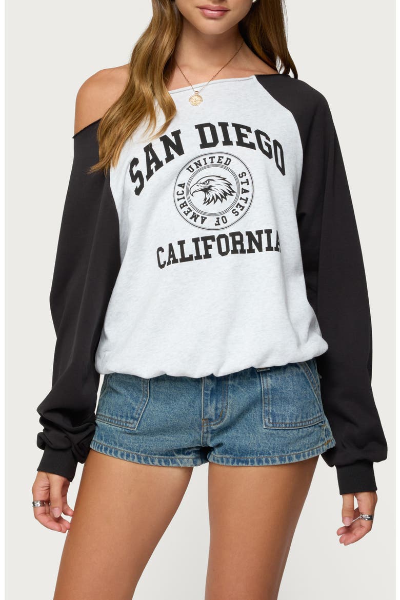 San Diego Off the Shoulder Raglan Long Sleeve Graphic Top, Main, color, GRAY-MELANGE-AND-BLACK