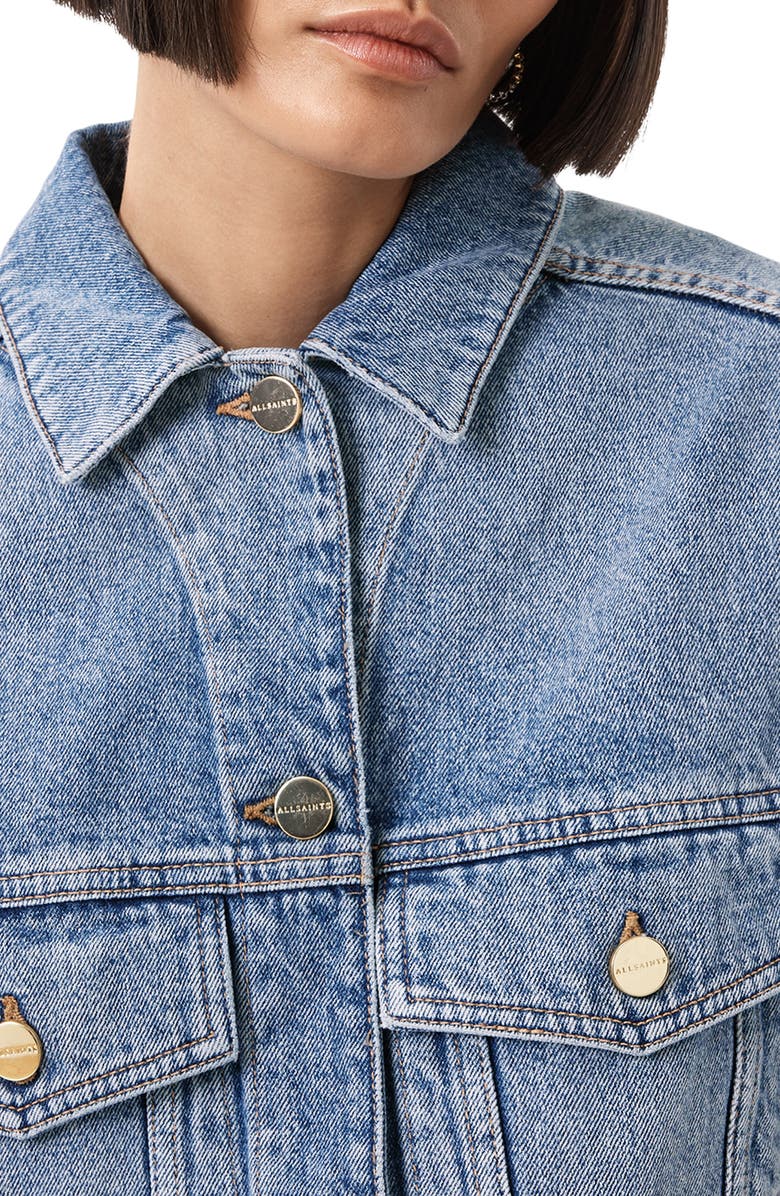AllSaints Luca Balloon Sleeve Denim Trucker Jacket, Alternate, color, Mid Indigo