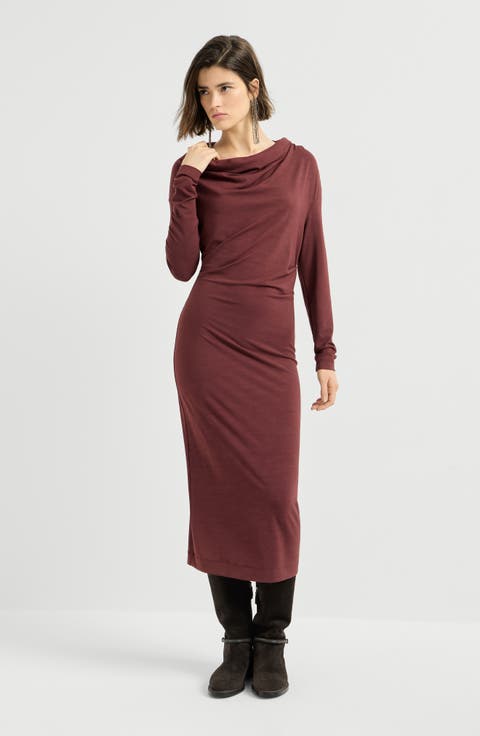 Techno wool jersey dress with draping and monili