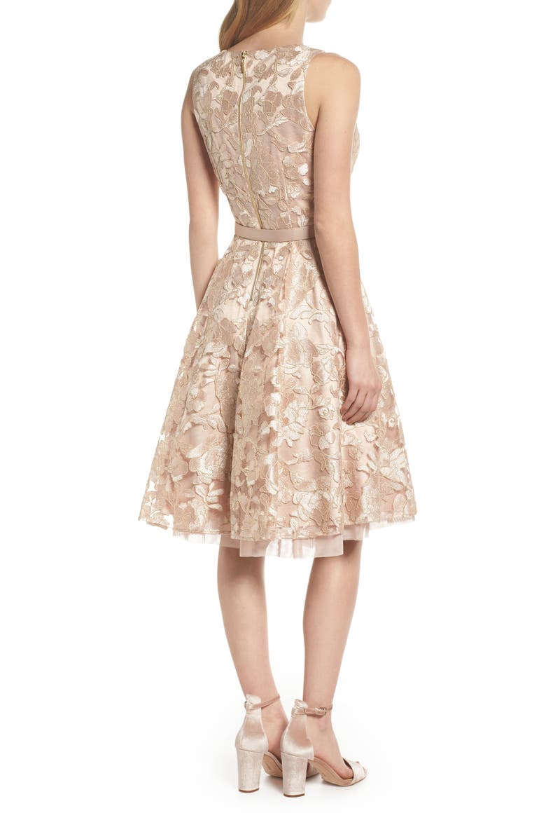 Belted Lace Fit & Flare Dress, Alternate, color, GOLD