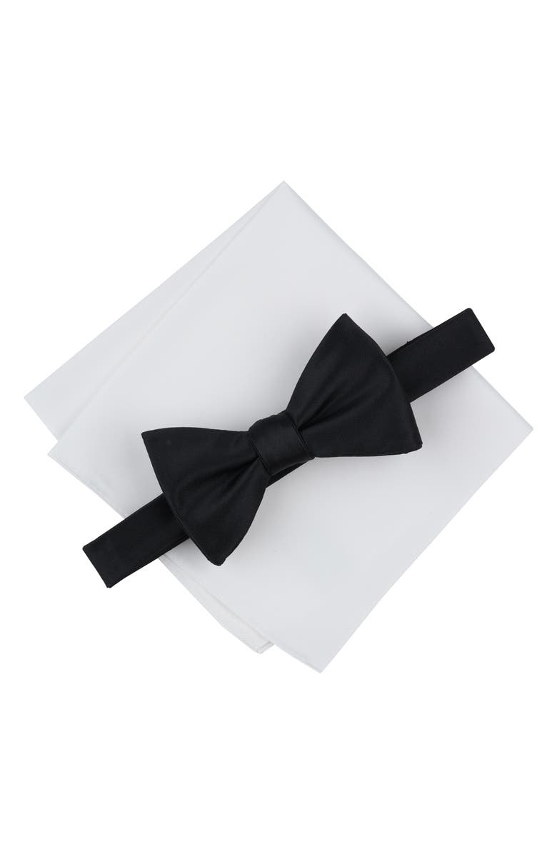 Original Penguin Textured Satin Bow Tie & Pocket Square Set, Main, color, Black