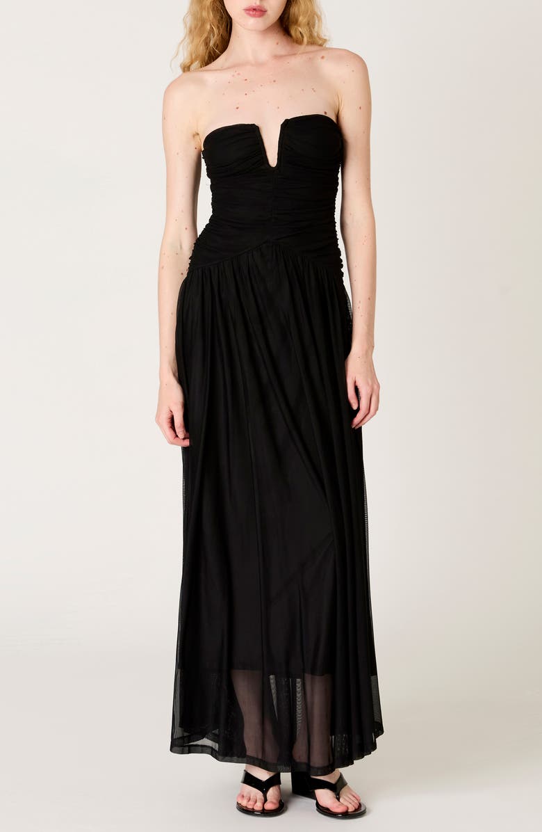 Nia Beverly Ruched Strapless Chiffon Maxi Dress, Main, color, Black