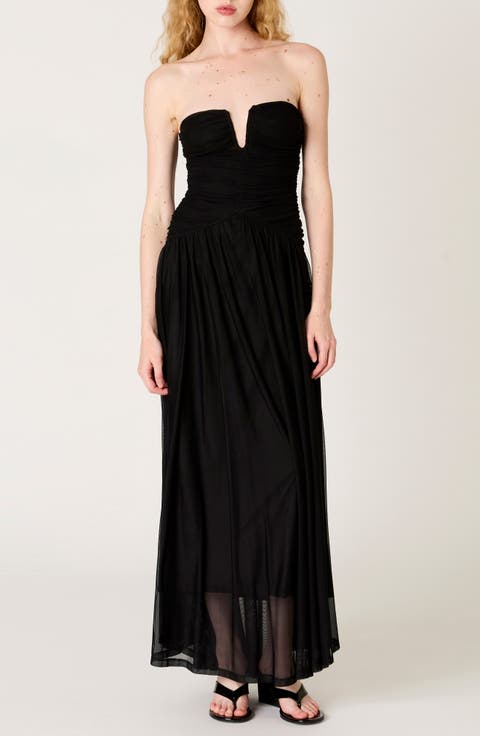 Beverly Ruched Strapless Chiffon Maxi Dress