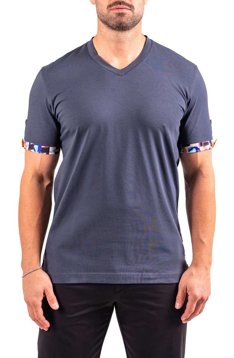Maceoo Vivaldi Dark Blue V-Neck Cotton T-Shirt, Main, color, Blue