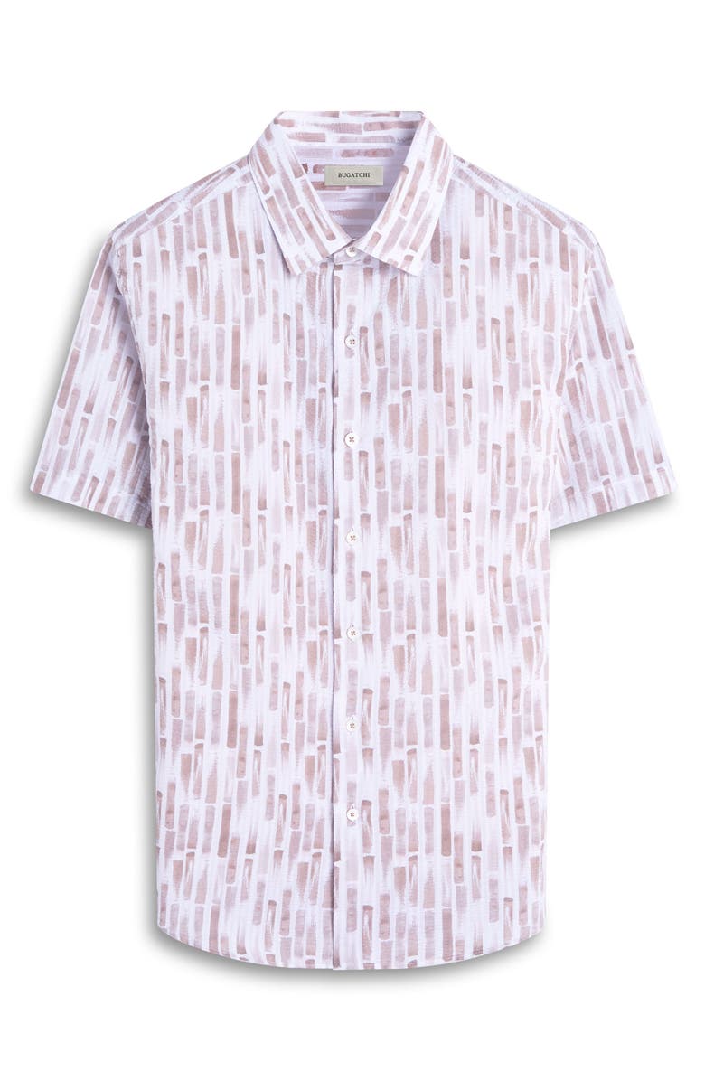 Bugatchi Orson Trim Fit Stripe Short Sleeve Stretch Cotton Seersucker Button-Up Shirt, Alternate, color, Camel