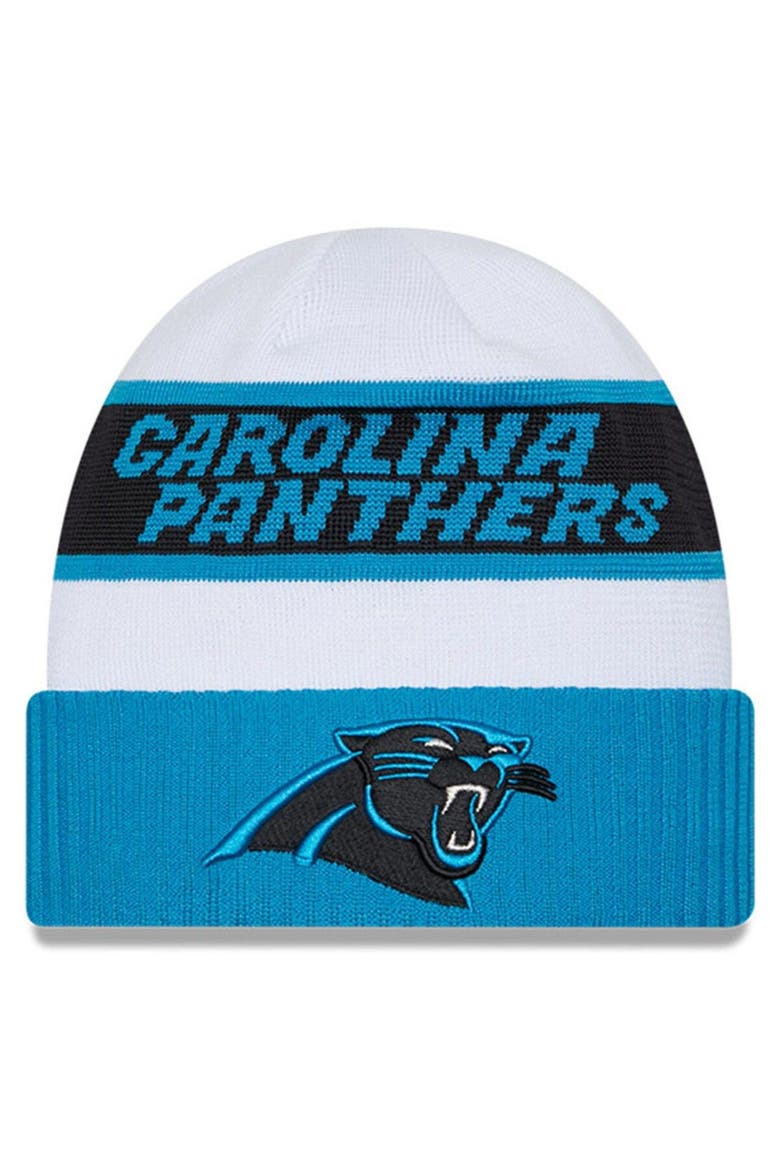 Men's New Era  White/Blue Carolina Panthers 2023 Sideline Tech Cuffed Knit Hat, Main, color, White