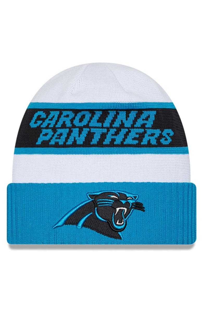 New Era Men's New Era  White/Blue Carolina Panthers 2023 Sideline Tech Cuffed Knit Hat, Main, color, 
