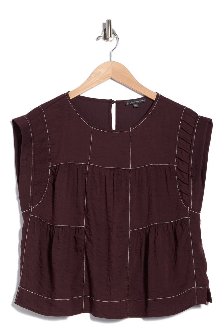 Crinkled Cap Sleeve Babydoll Crop Top, Main, color, CHOCOLATE/ IVORY