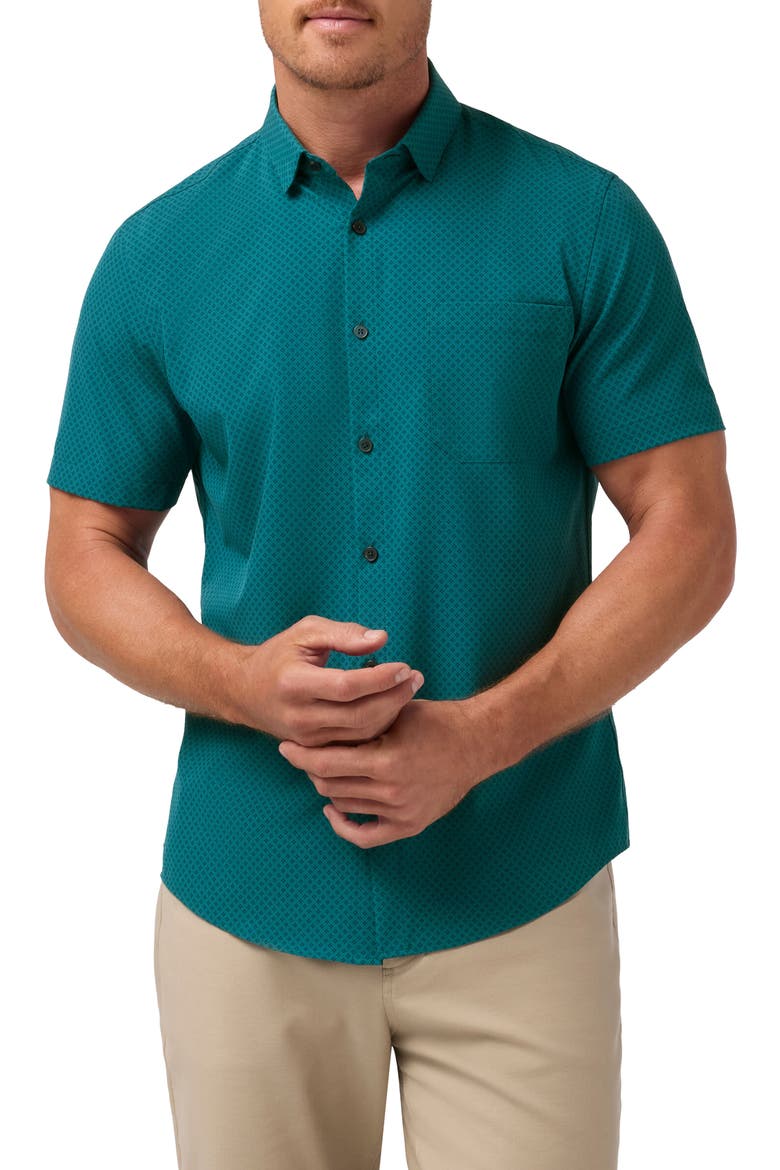 Leeward Trim Fit Short Sleeve Performance Button-Up Shirt, Main, color, DARK TEAL CLOVER