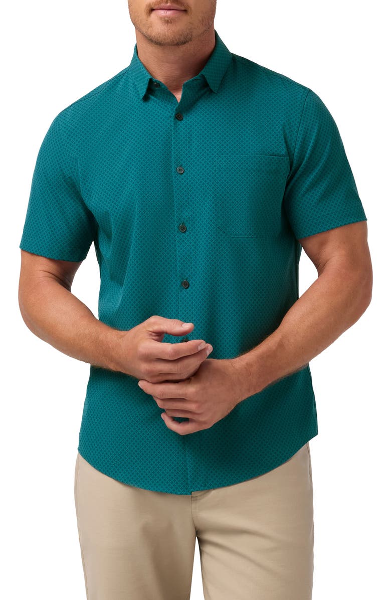 Mizzen+Main Leeward Trim Fit Short Sleeve Performance Button-Up Shirt, Main, color, Dark Teal Clover