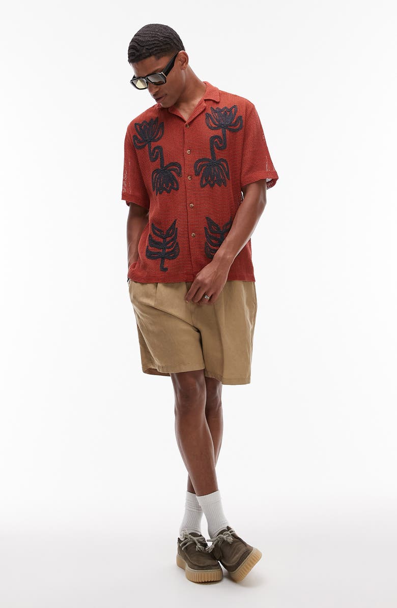 Topman Oversize Floral Appliqué Camp Shirt, Alternate, color, Rust