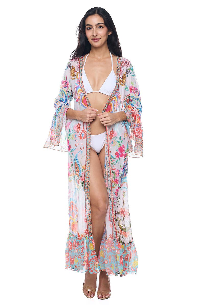 RANEES Ruffle Sleeve Cover-Up Duster, Alternate, color, White