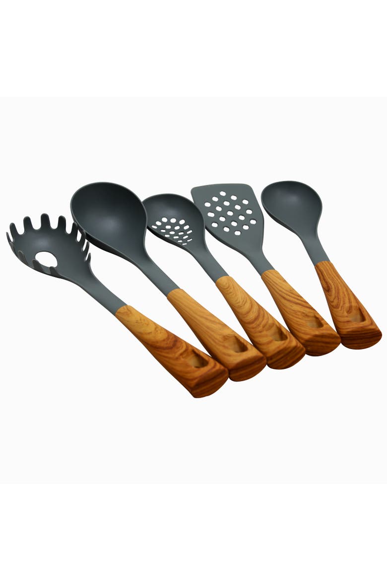 Everwood Kitchen Nylon Tools Set with Wood Inspi Handles, Set of 5, Alternate, color, Brown