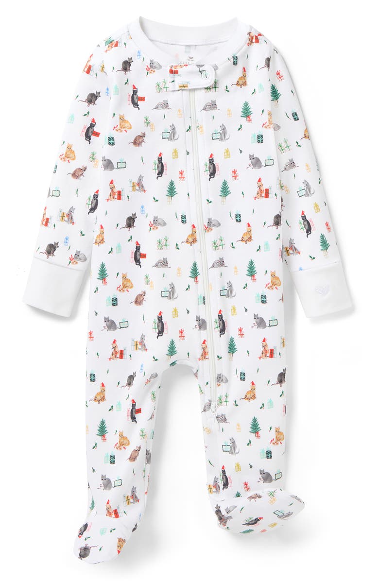 Petite Plume Merry Meow Fitted One-Piece Pima Cotton Pajamas, Main, color, White