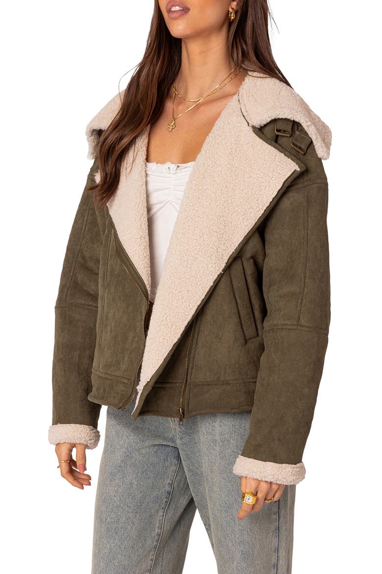 Oversize Faux Shearling & Faux Suede Jacket, Alternate, color, OLIVE