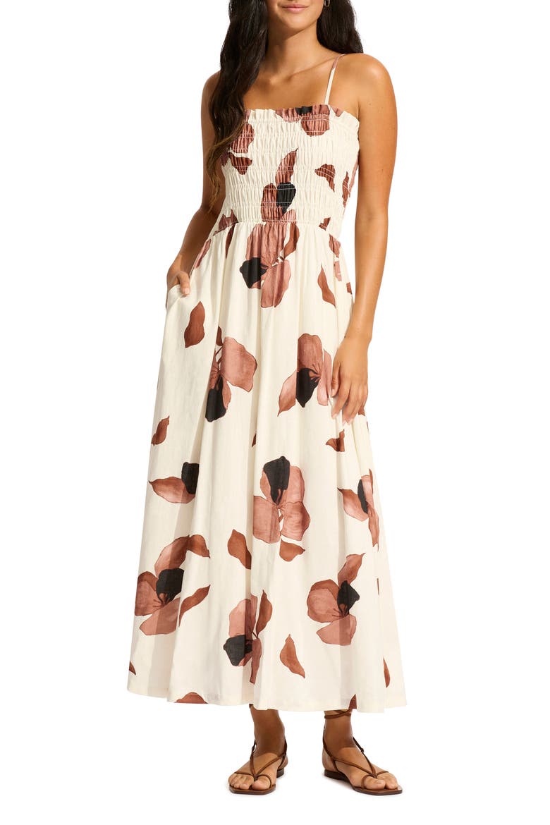 Secret Garden Shirred Cover-Up Midi Sundress, Main, color, IVORY MULTI