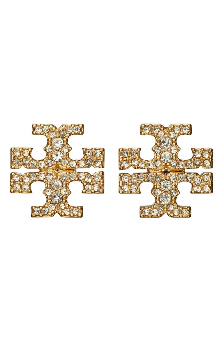 Tory Burch Icon Pavé Stud Earrings, Main, color, Tory Gold / Crystal