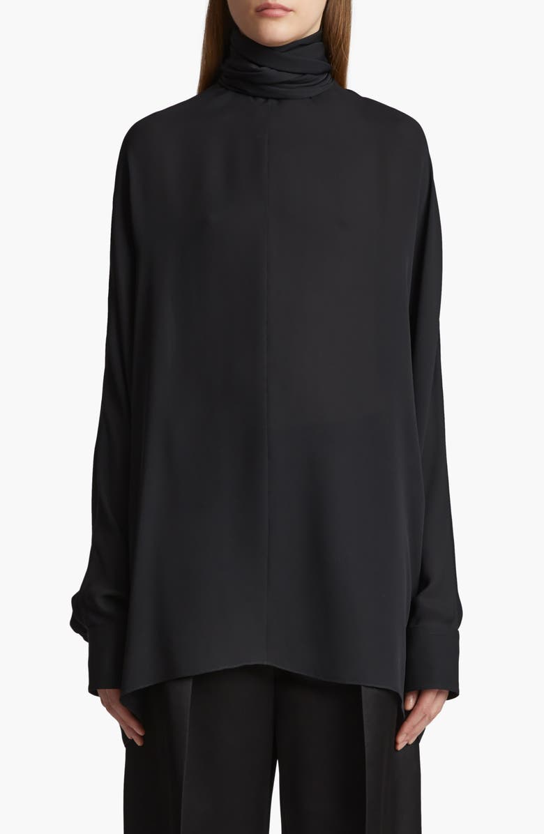 Khaite Bex Ruched Tie Turtleneck Silk Top, Main, color,