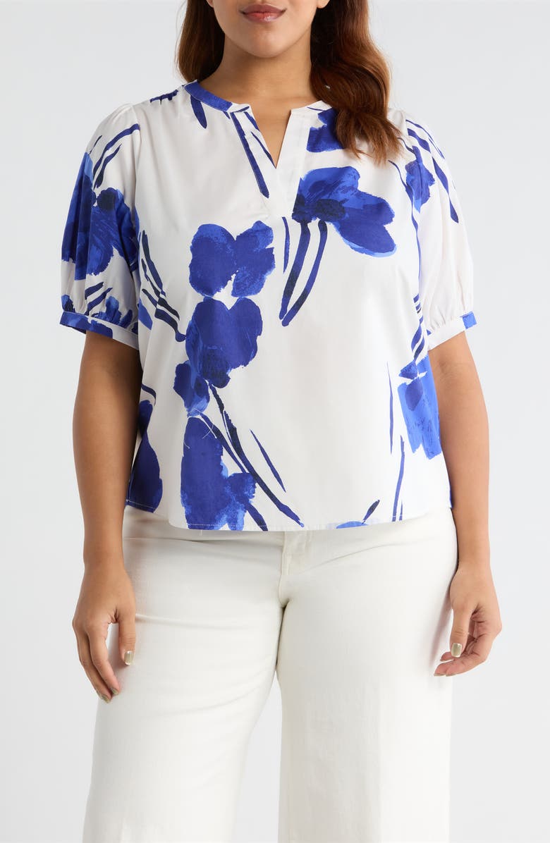 SUGARLIPS Neli Floral Split Neck Top, Main, color, White-Cobalt