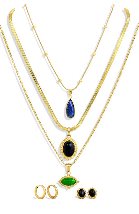 Holiday Semiprecious Stone Pendants, Chains & Earrings 8-Piece Set