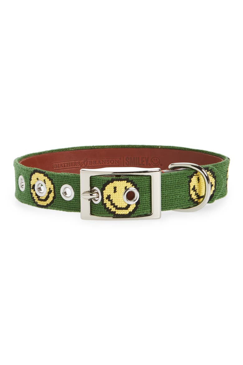 Smiley® x Smathers & Branson Smiley Face Needlepoint Dog Collar (Nordstrom Exclusive), Main, color, FOREST GREEN