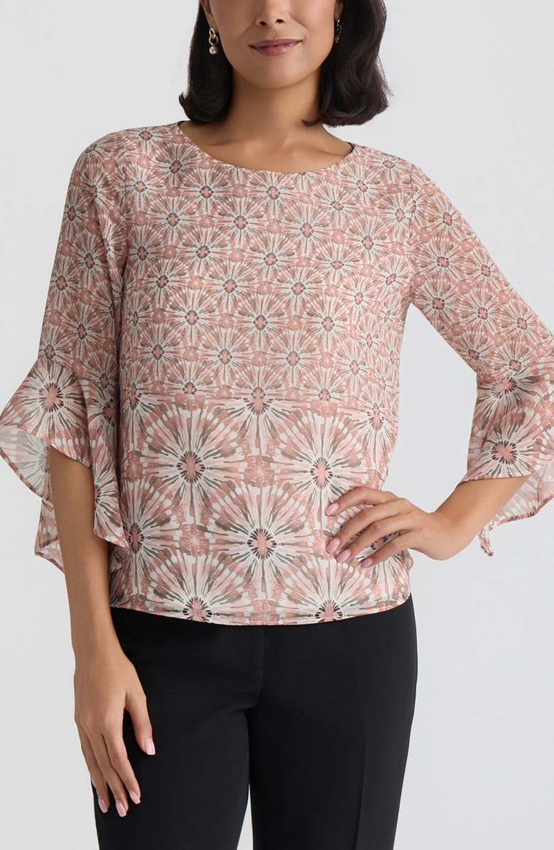 KASPER Print Ruffle Sleeve Top, Main, color, Tearose Multi