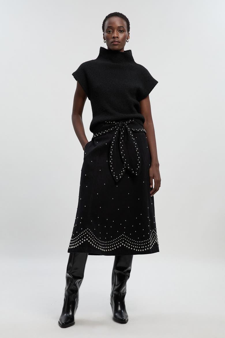 Studded Tie Belt Midi Skirt, Alternate, color, Black