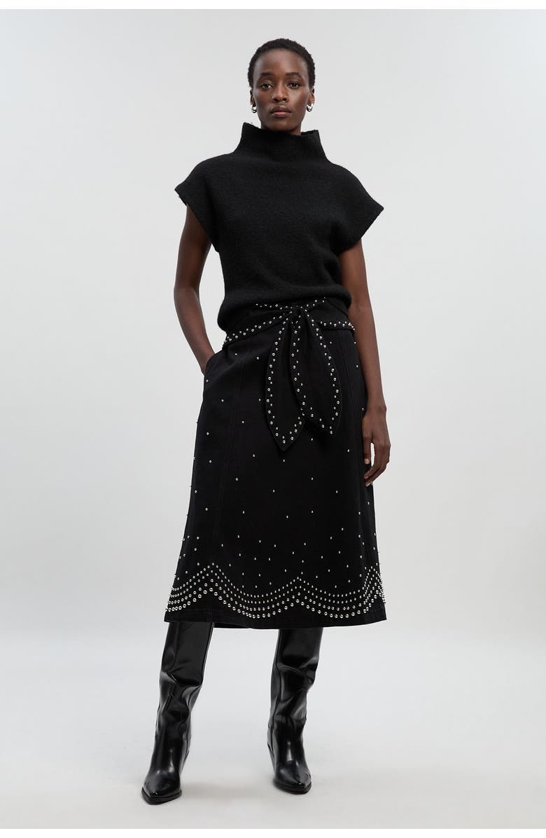 Karen Millen Studded Tie Belt Midi Skirt, Alternate, color, Black