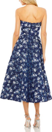 Floral Strapless Brocade Midi Dress