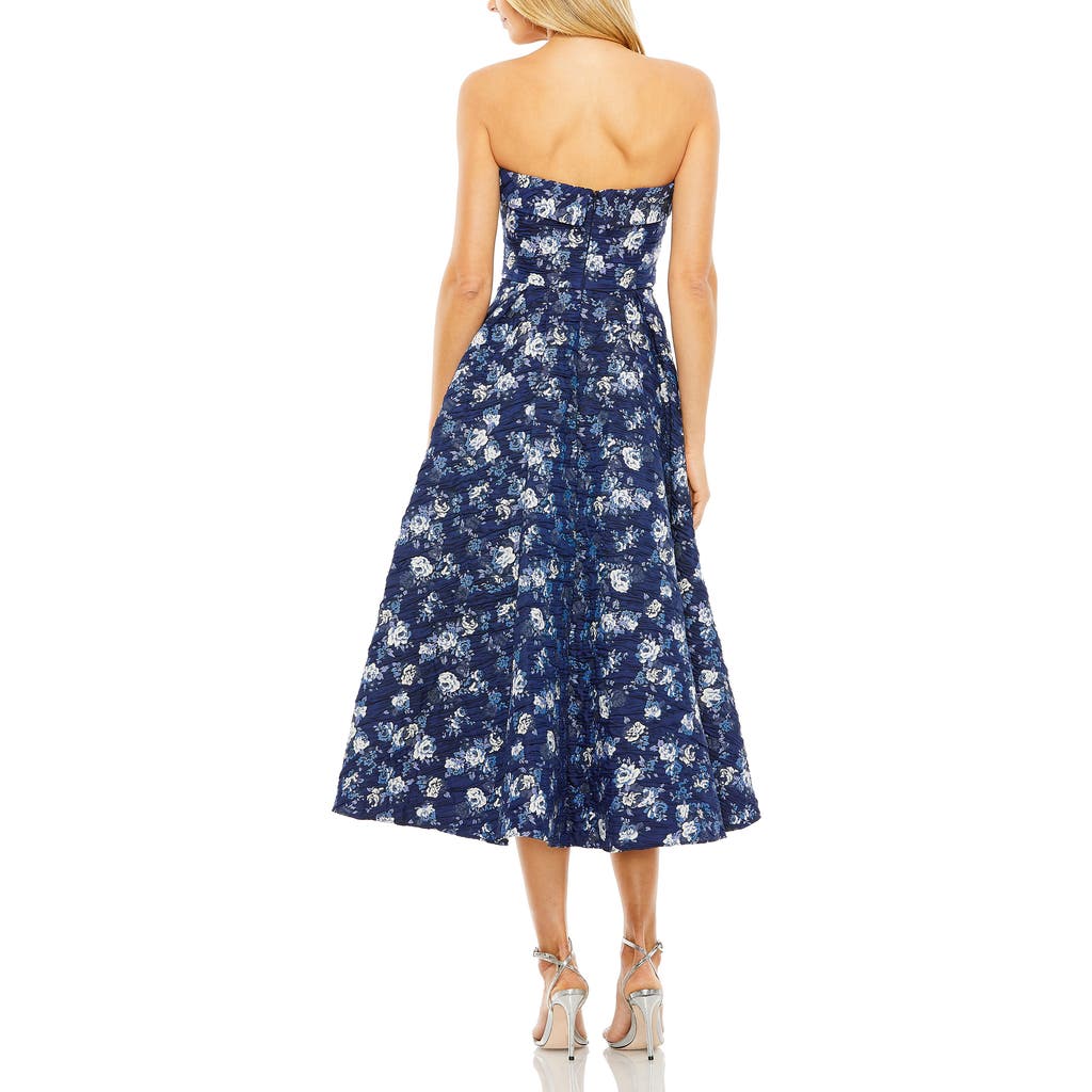 Mac Duggal Floral Strapless Brocade Midi Cocktail Dress In Blue Multi