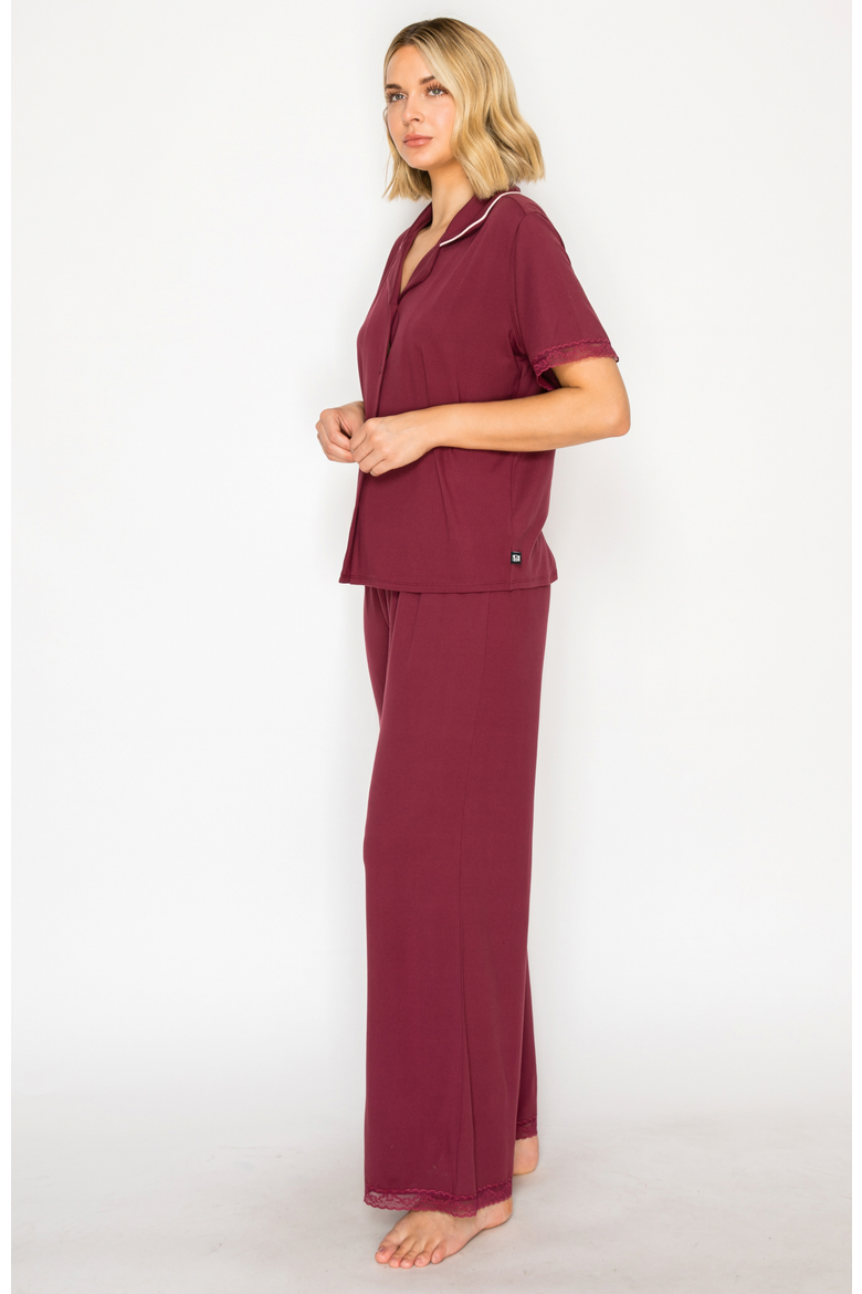 Yummy Jersey Notched Collar & Wide Leg Pants Set, Alternate, color, Ruby