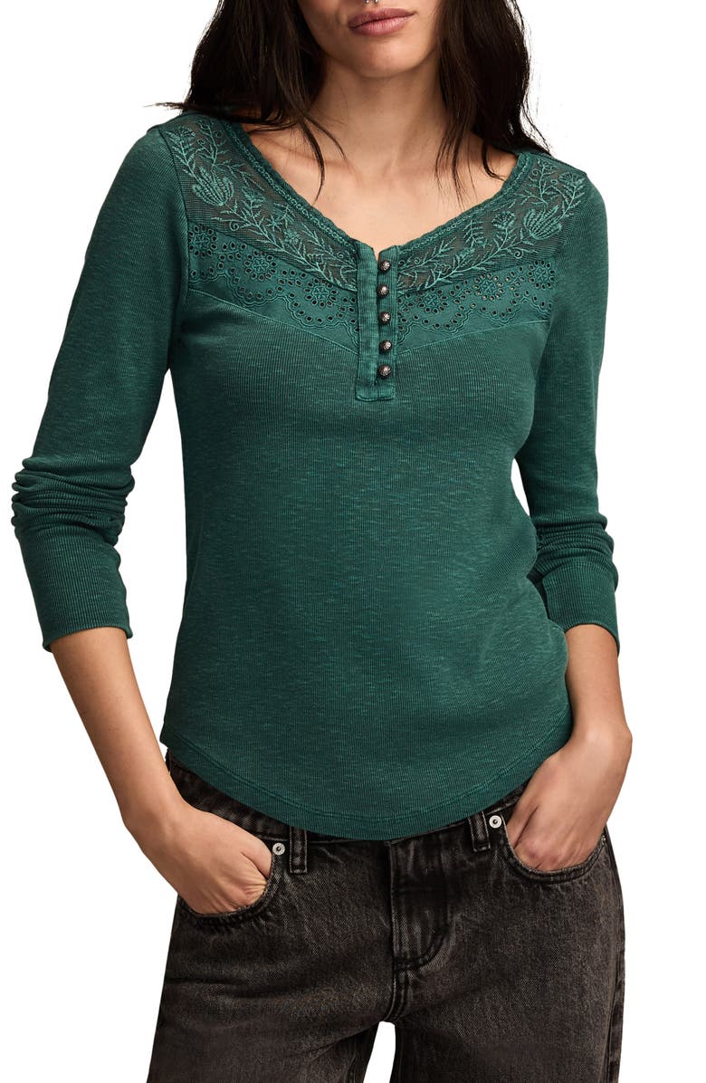 Lucky Brand Lace Yoke Cotton Henley, Main, color, June Bug