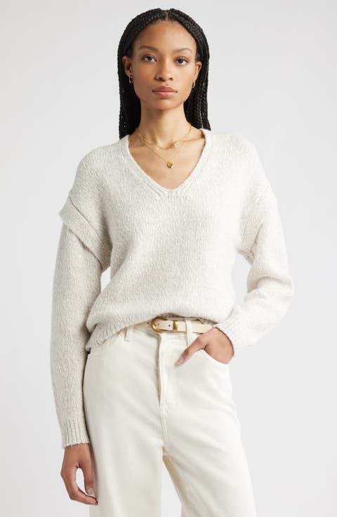 Marled Cotton & Wool Blend V-Neck Sweater