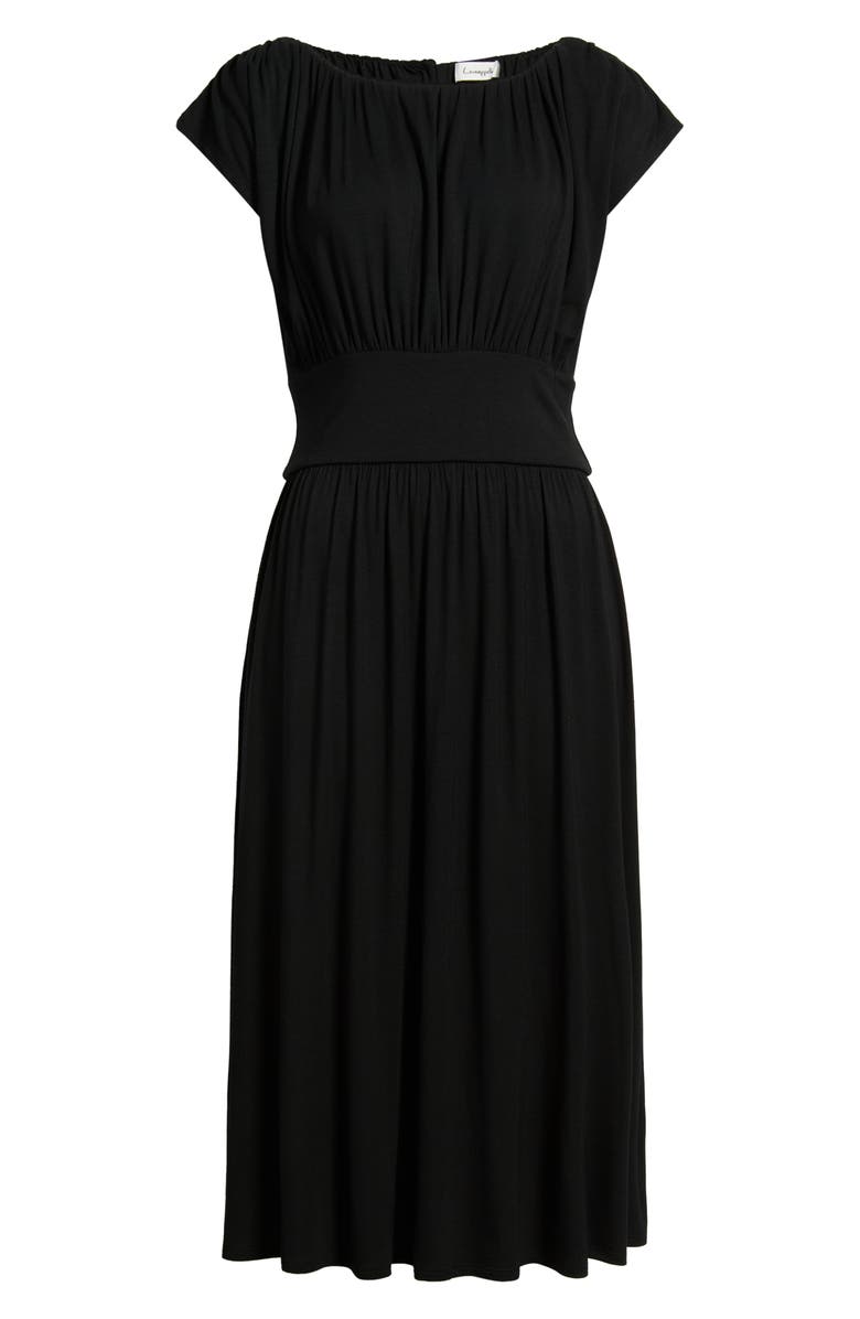Loveappella Cap Sleeve Ruched Knit Midi Dress, Alternate, color, Black