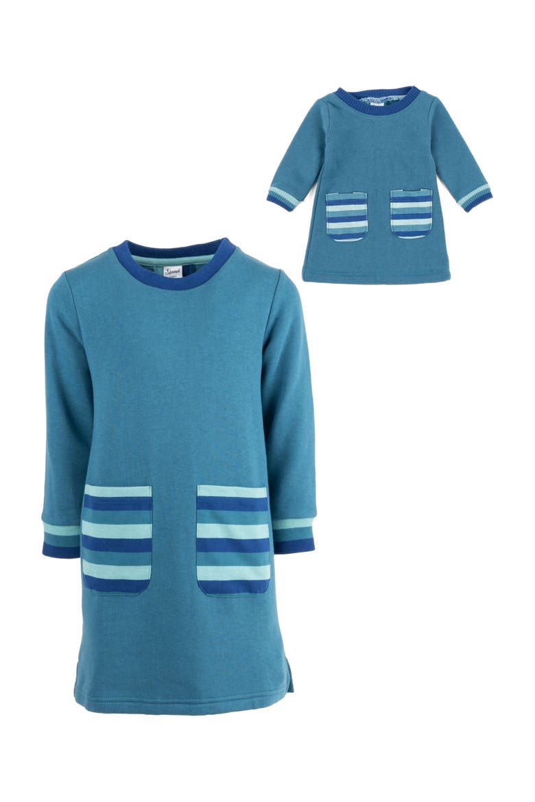Girls Sweatshirt Dress with Matching Doll Dress, Alternate, color, TEAL BLUE
