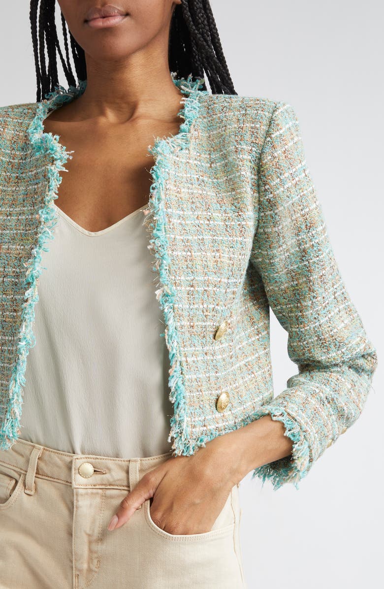 L'AGENCE Clydie Collarless Crop Blazer, Alternate, color, Lagoon/ Light Brown Tweed