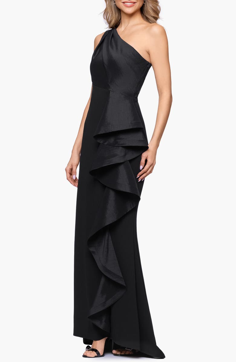 Betsy & Adam Mixed Media One-Shoulder Ruffle Gown, Alternate, color, Black