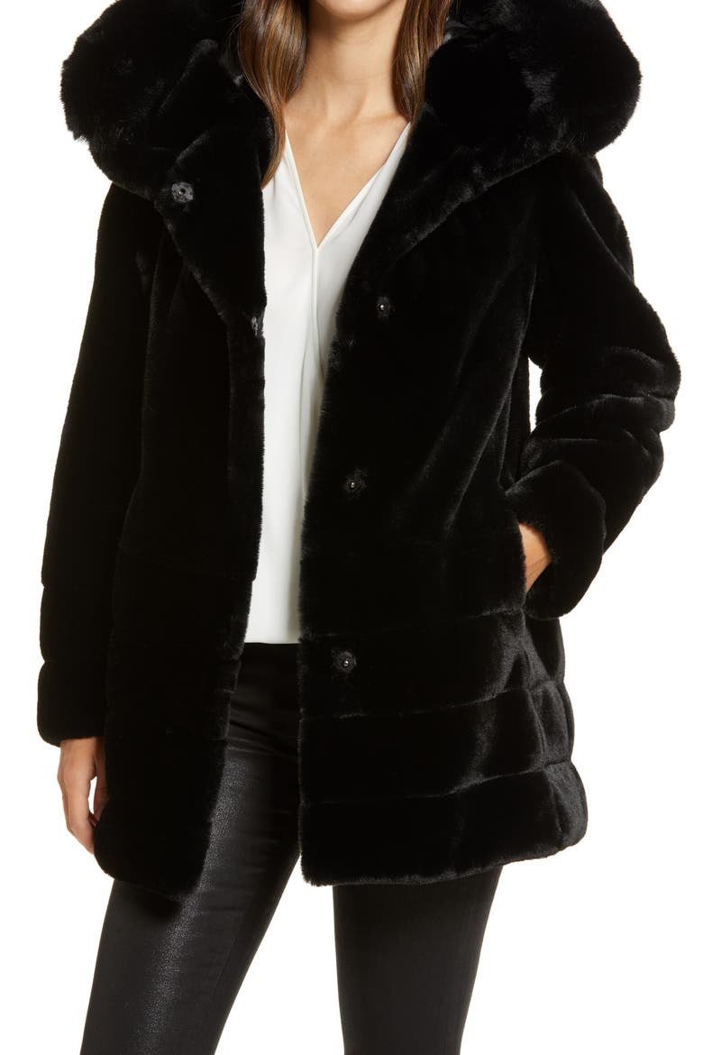 Hooded Faux Fur Coat, Main, color, BLACK
