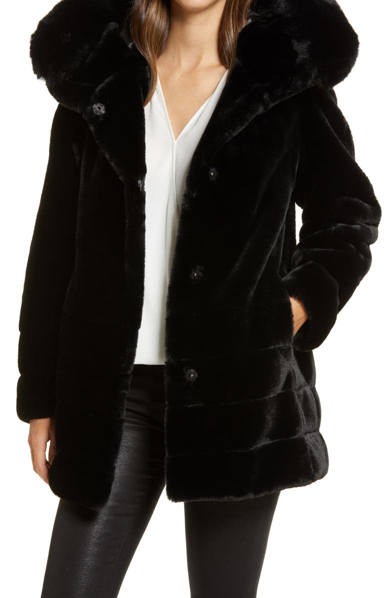 Gallery Hooded Faux Fur Coat, Main, color, Black