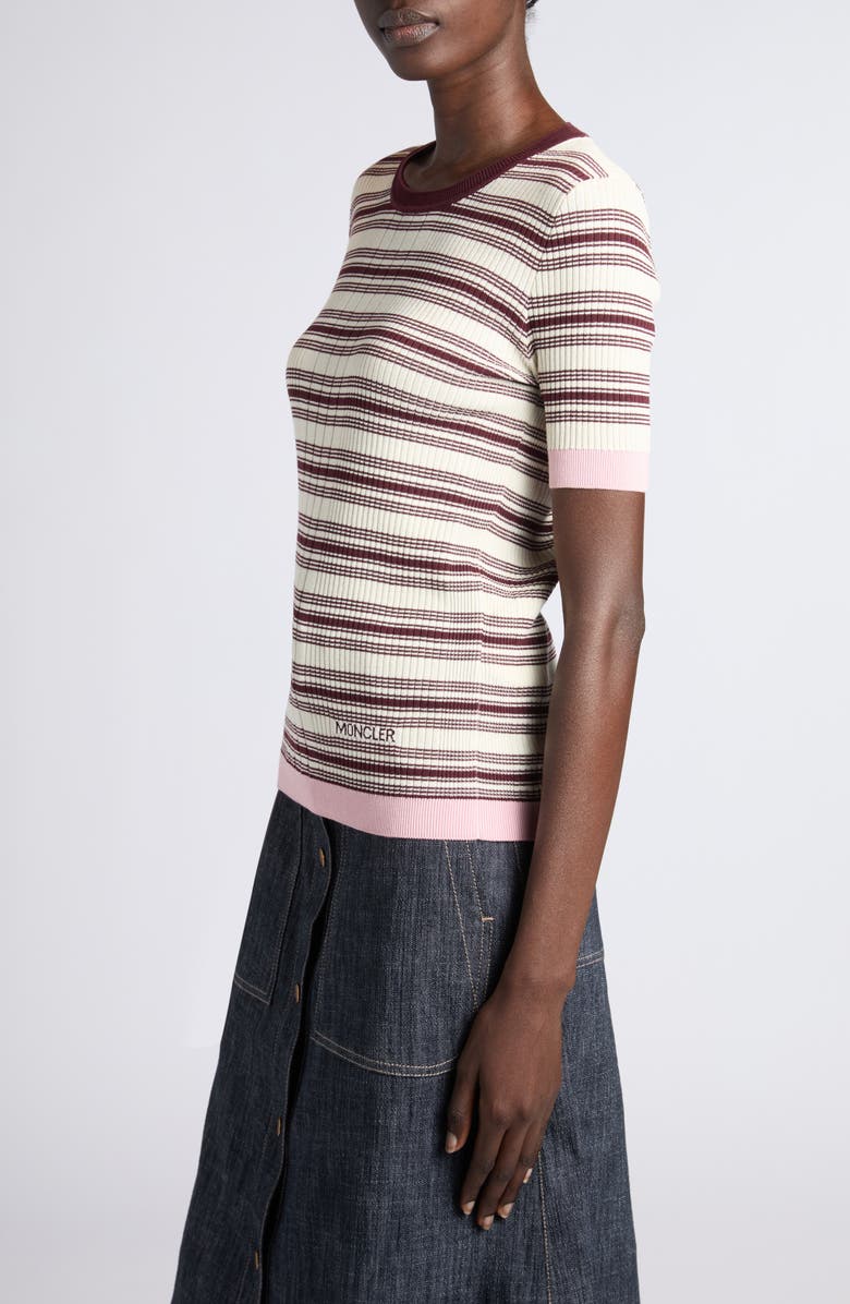 Moncler Stripe Rib Short Sleeve Cotton Sweater, Alternate, color, White/ Beige