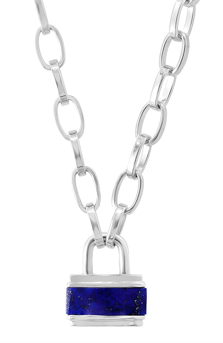 EFFY Men's Sterling Silver Lapis Lazuli Padlock Pendant Necklace, Alternate, color,