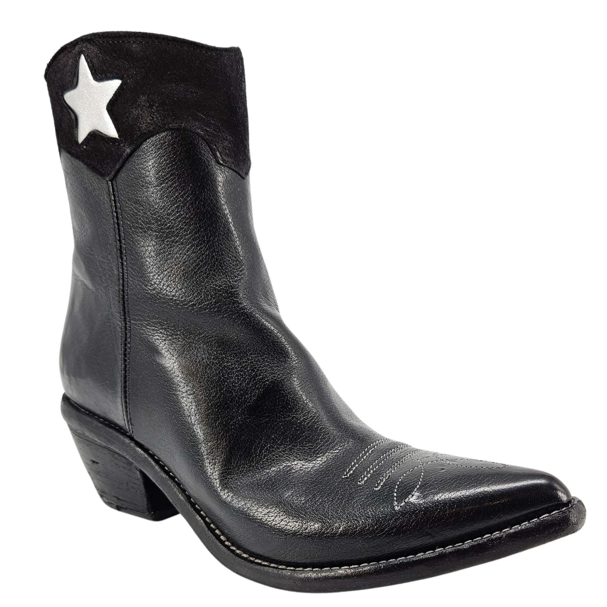 Cowboy Pointy Toe Star Ankle Boots, Alternate, color, black